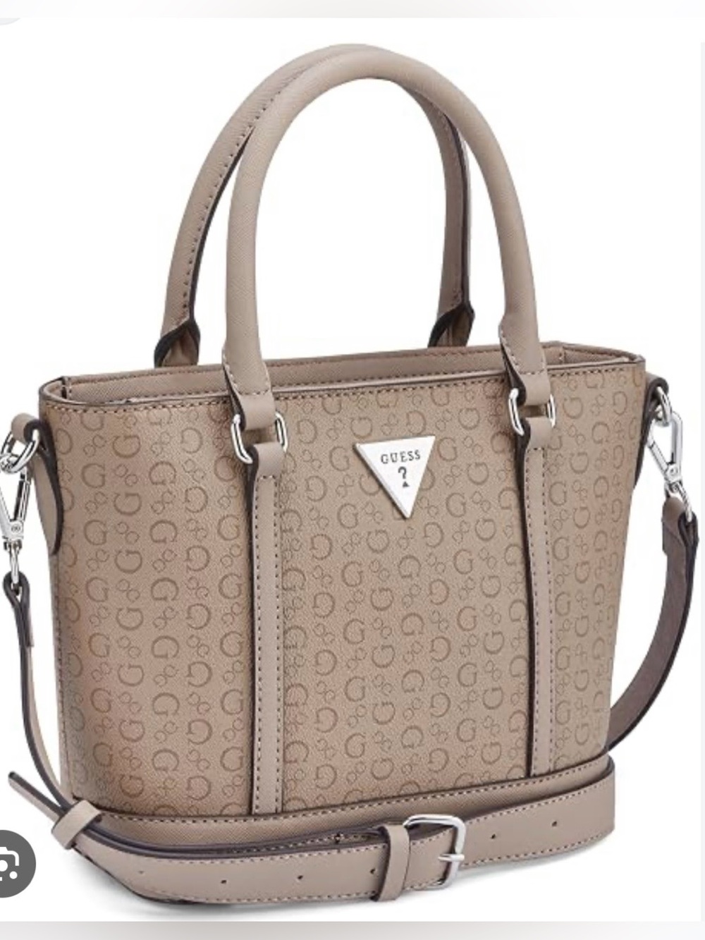 GUESS Taupe Logo-Print Satchel with Removable Strap